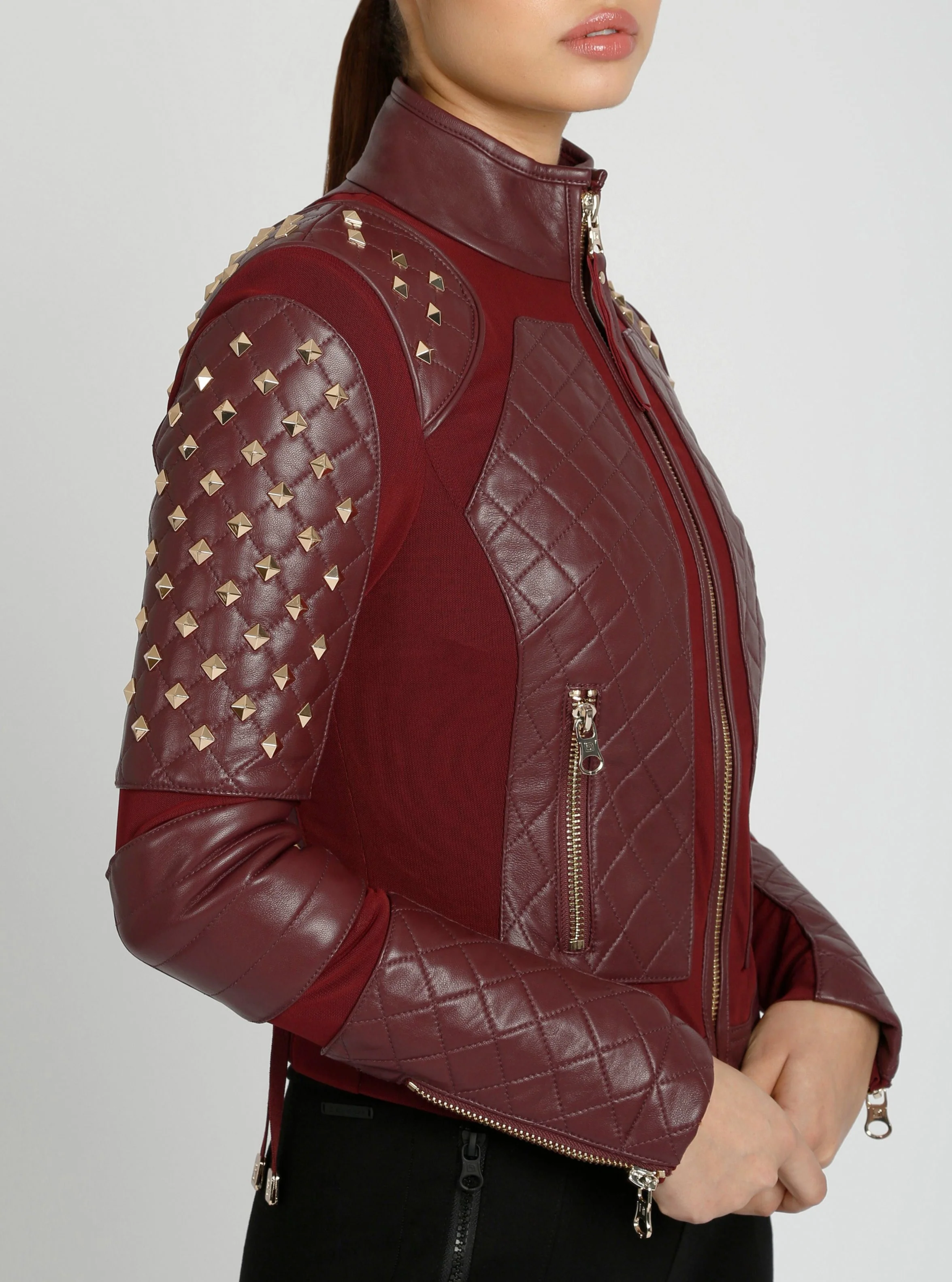 Pyramid Stud Mesh Genuine Leather Moto Jacket