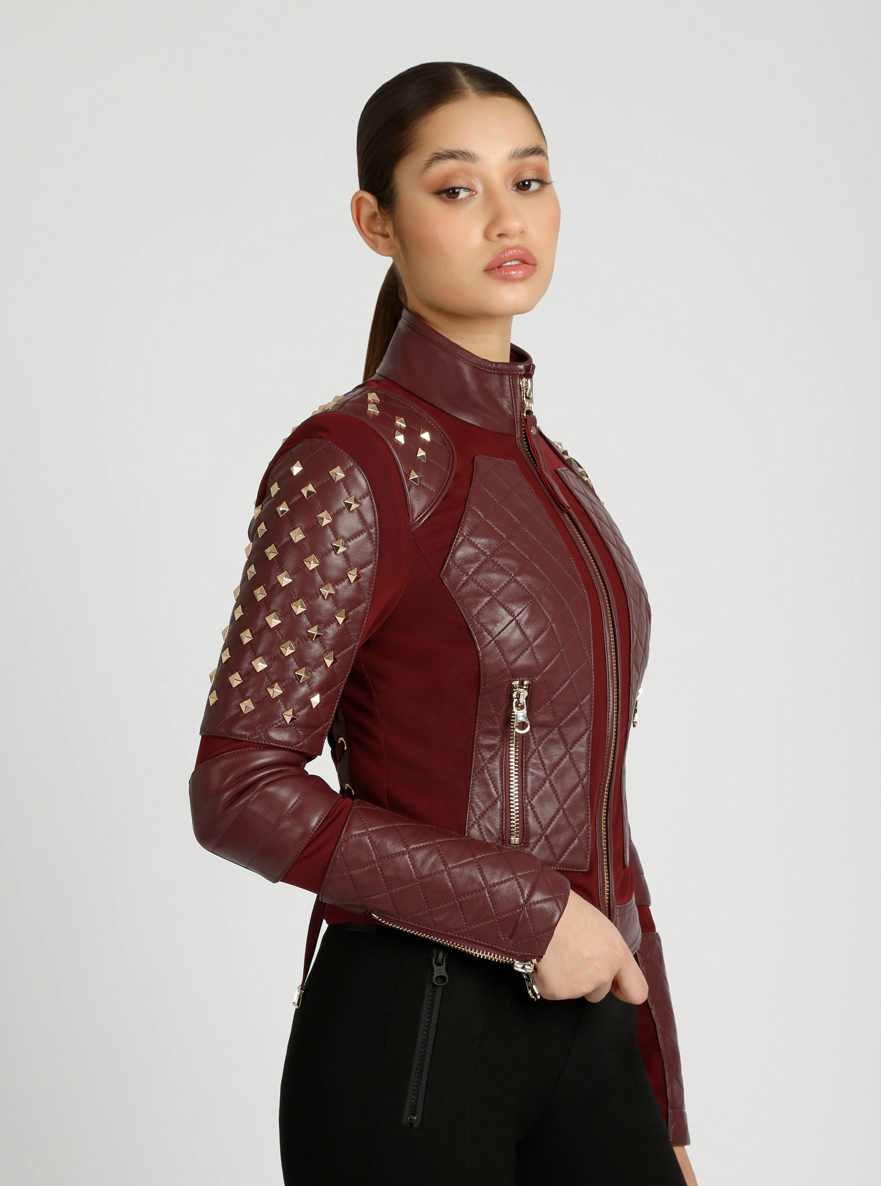Pyramid Stud Mesh Genuine Leather Moto Jacket - Image 10