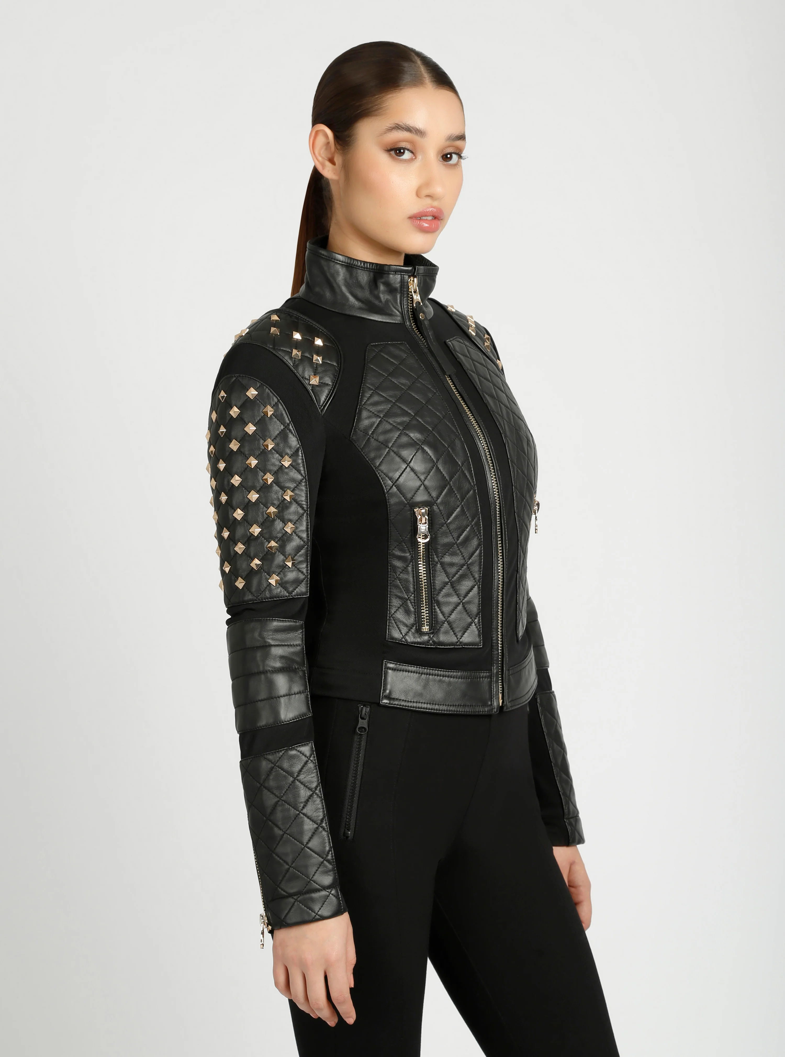Pyramid Stud Mesh Genuine Leather Moto Jacket - Image 11
