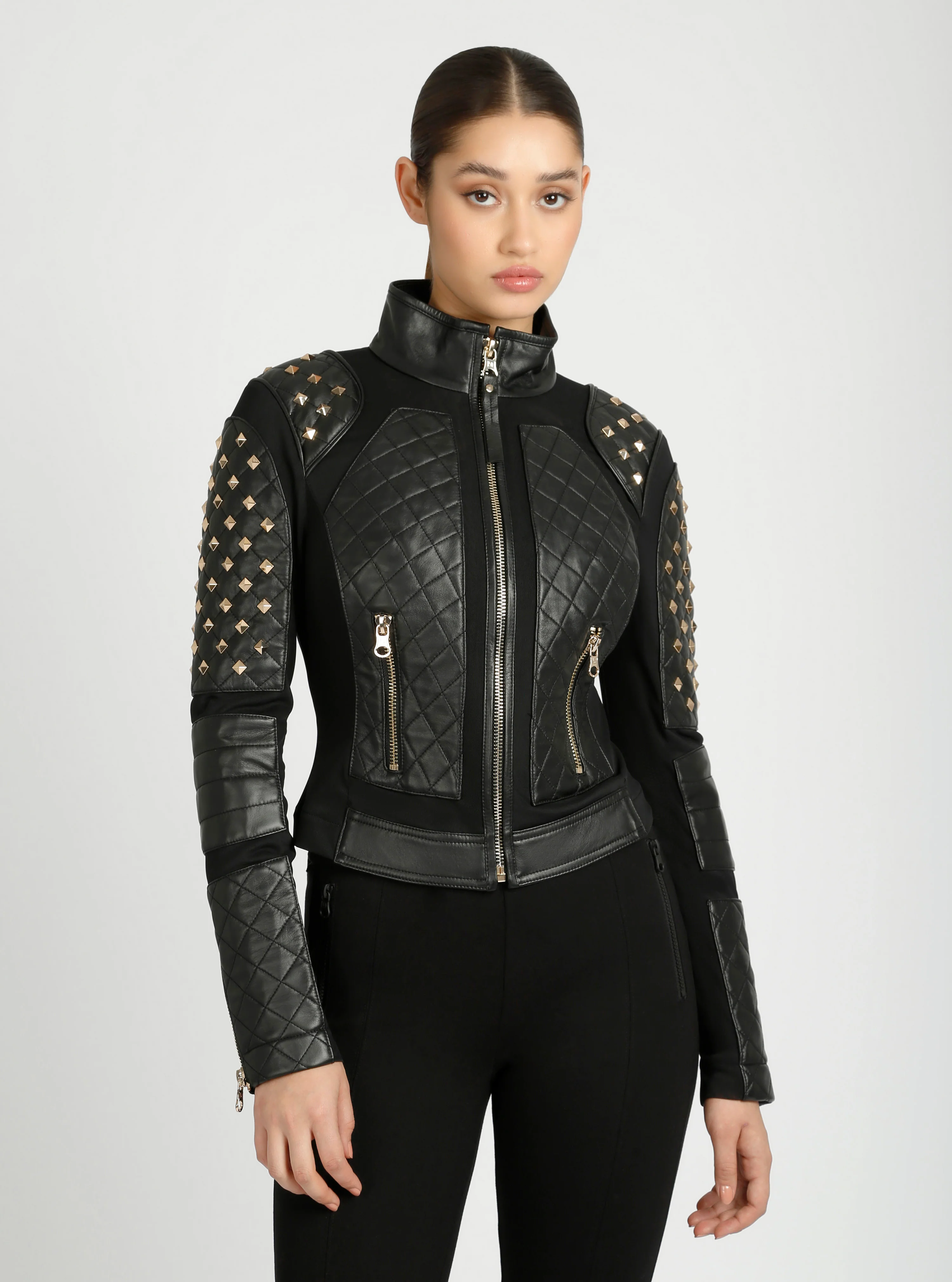 Pyramid Stud Mesh Genuine Leather Moto Jacket - Image 12