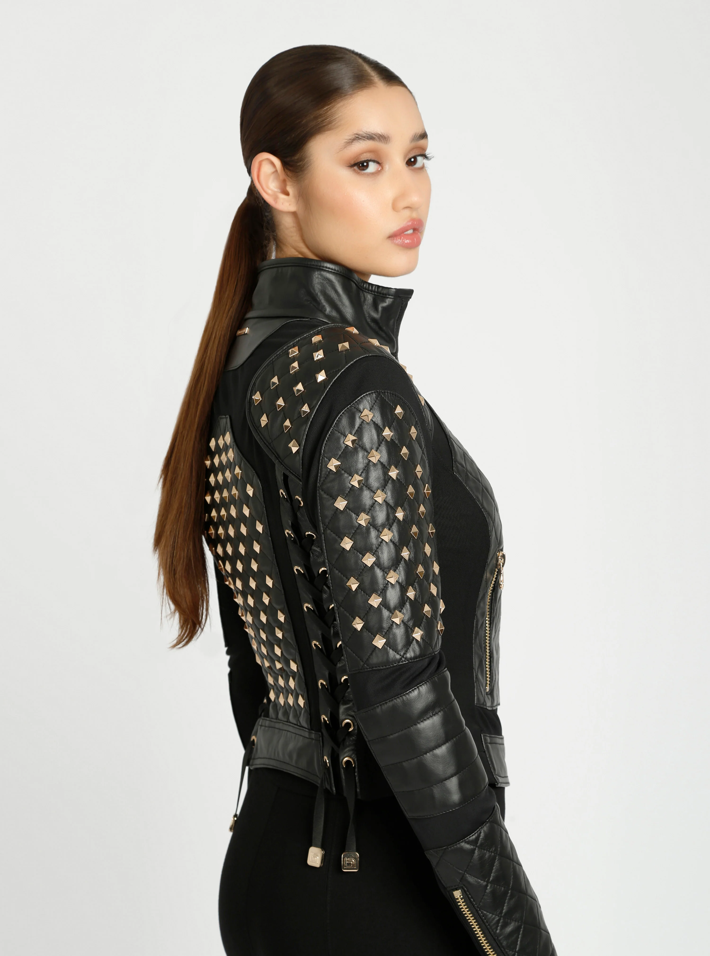 Pyramid Stud Mesh Genuine Leather Moto Jacket - Image 13