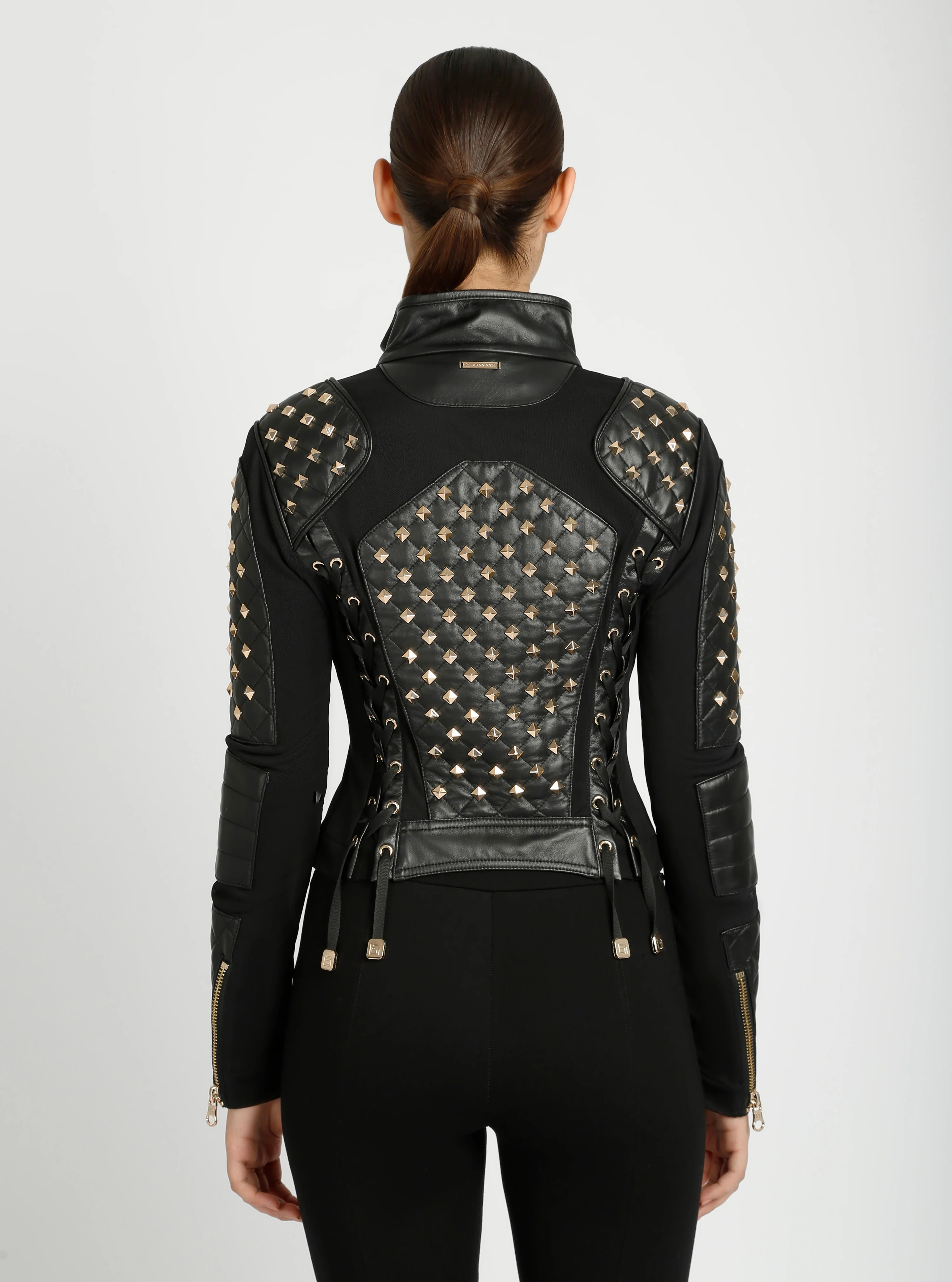 Pyramid Stud Mesh Genuine Leather Moto Jacket - Image 14