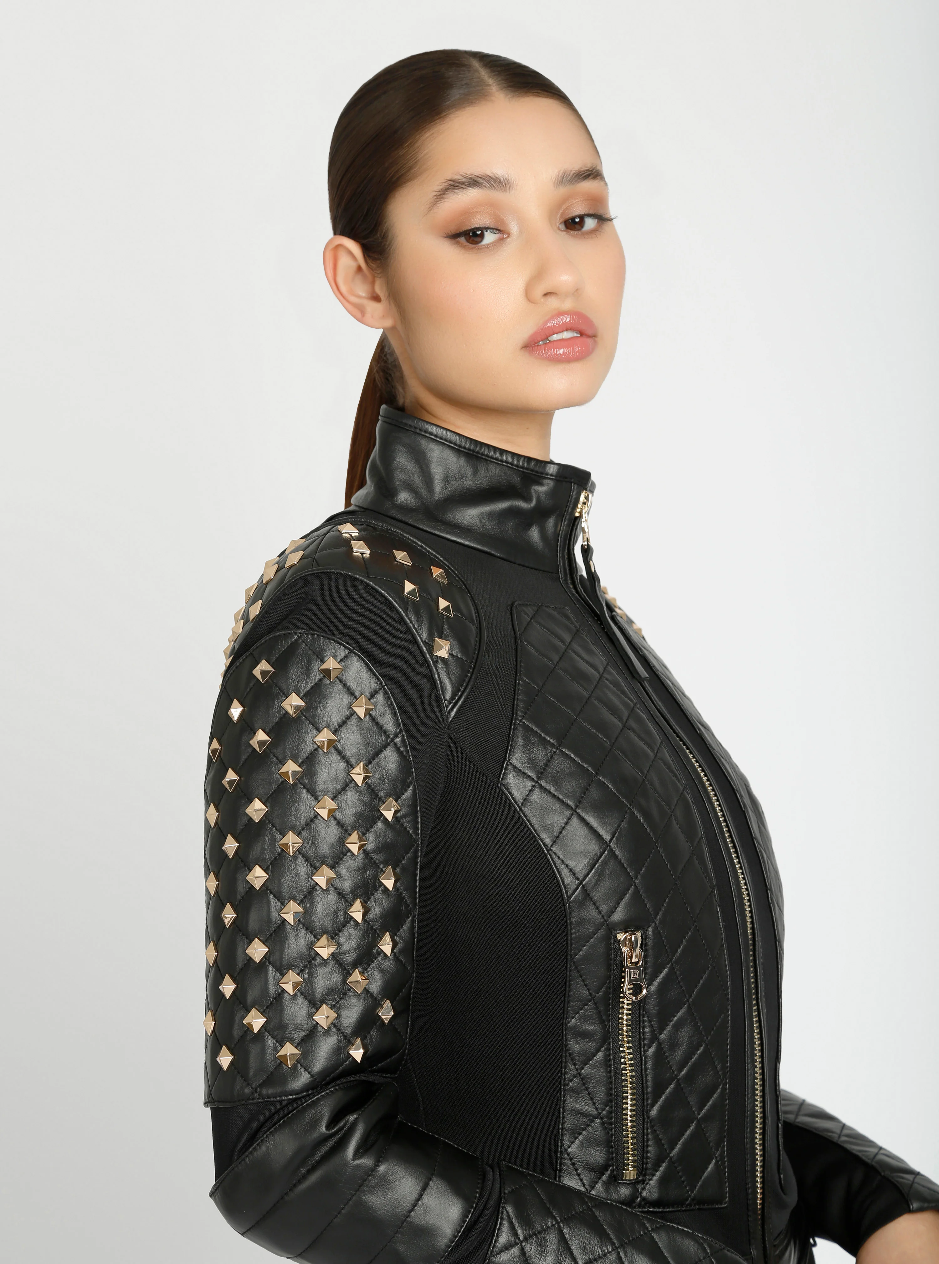 Pyramid Stud Mesh Genuine Leather Moto Jacket - Image 15