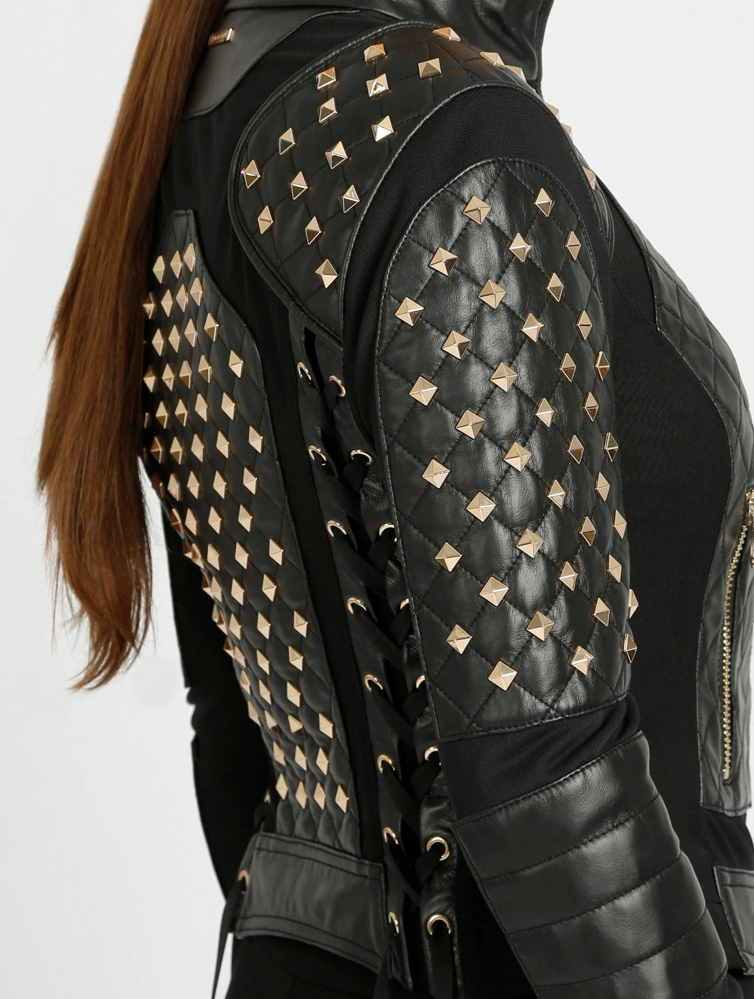Pyramid Stud Mesh Genuine Leather Moto Jacket - Image 2