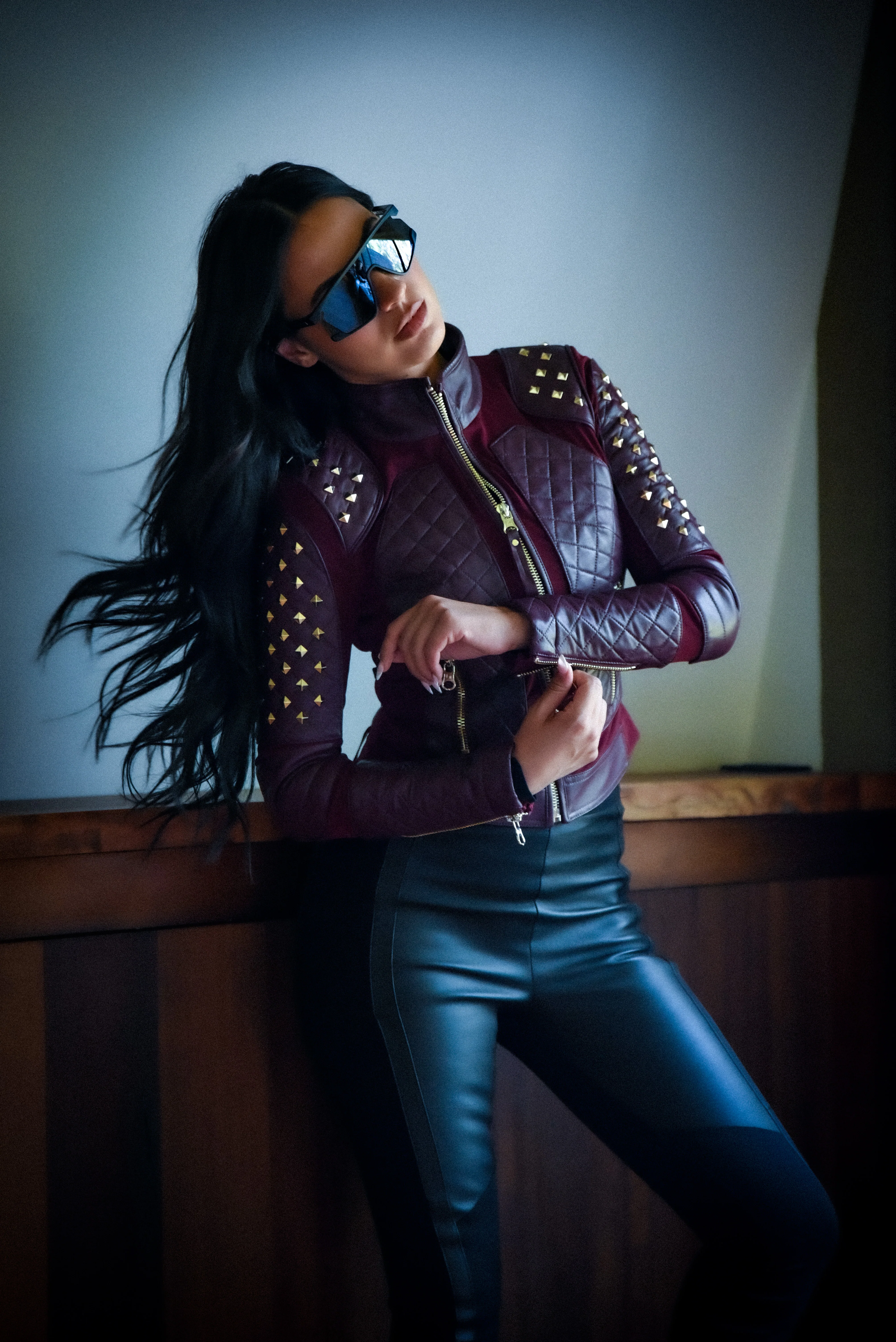Pyramid Stud Mesh Genuine Leather Moto Jacket - Image 3