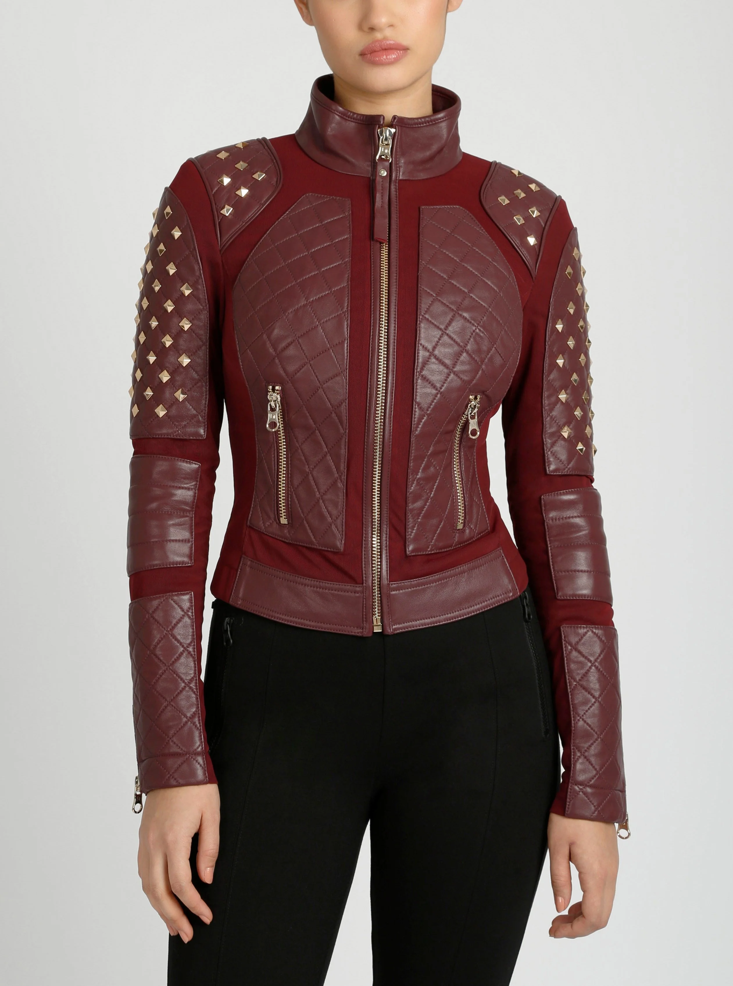Pyramid Stud Mesh Genuine Leather Moto Jacket - Image 5