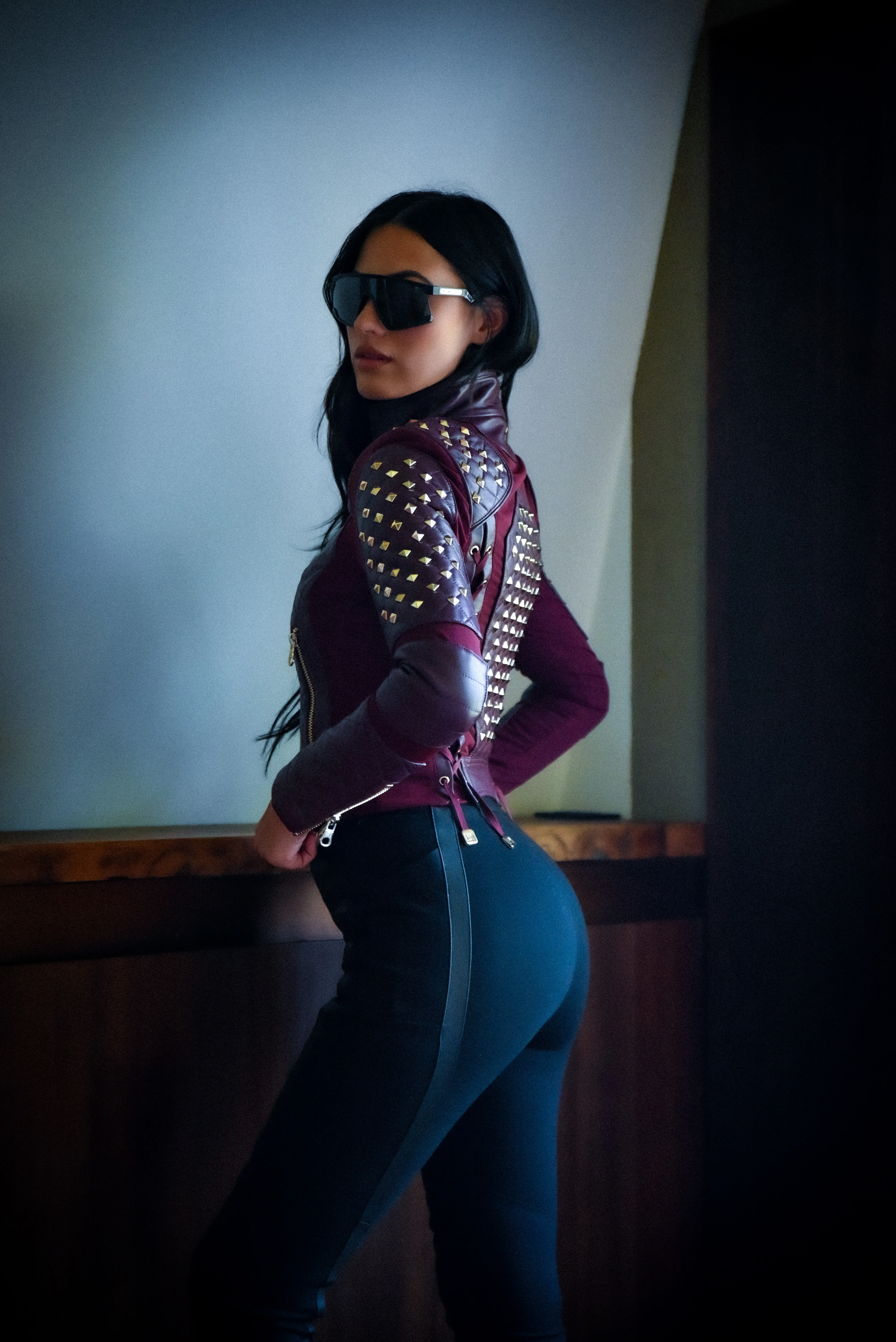 Pyramid Stud Mesh Genuine Leather Moto Jacket - Image 7