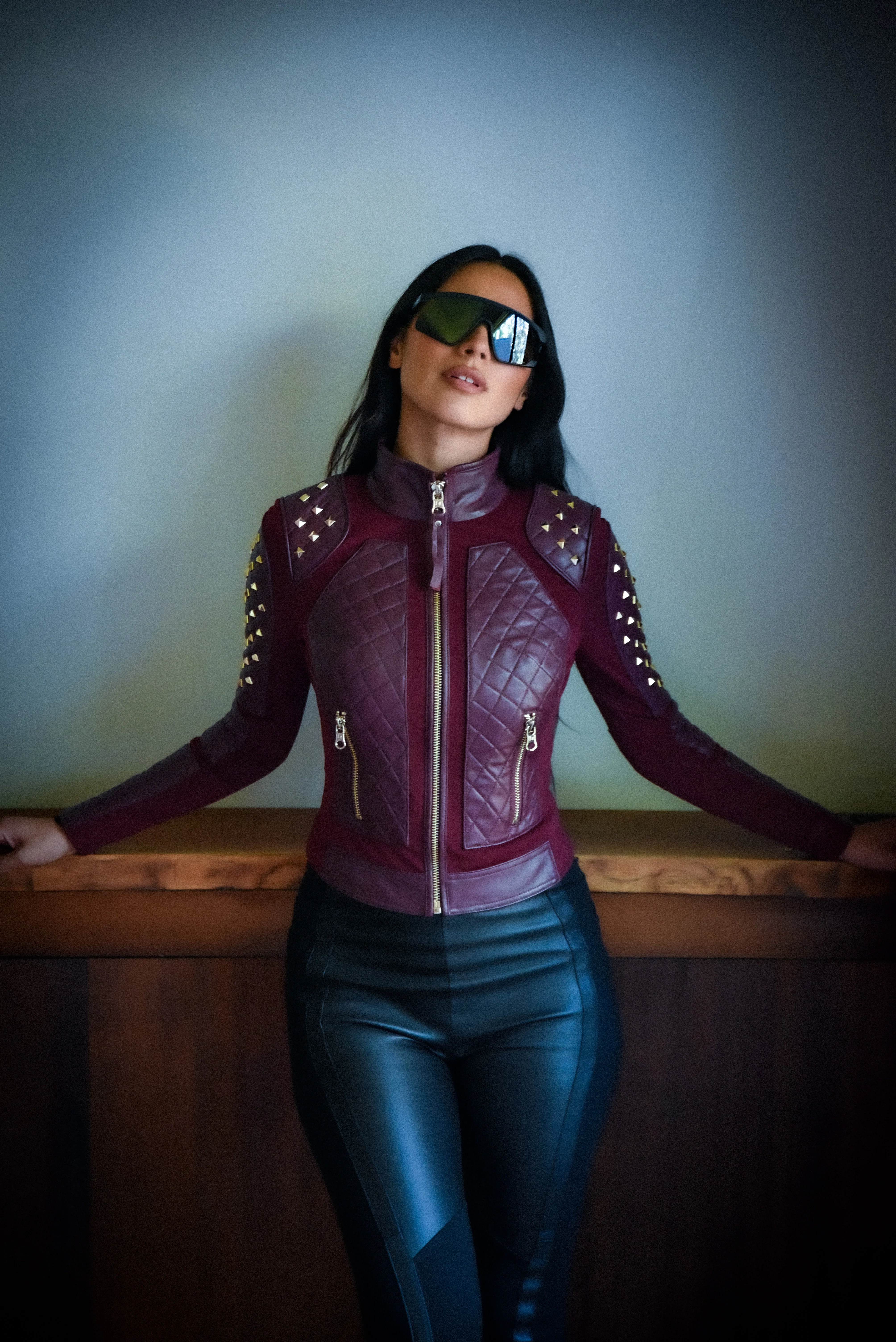 Pyramid Stud Mesh Genuine Leather Moto Jacket - Image 8