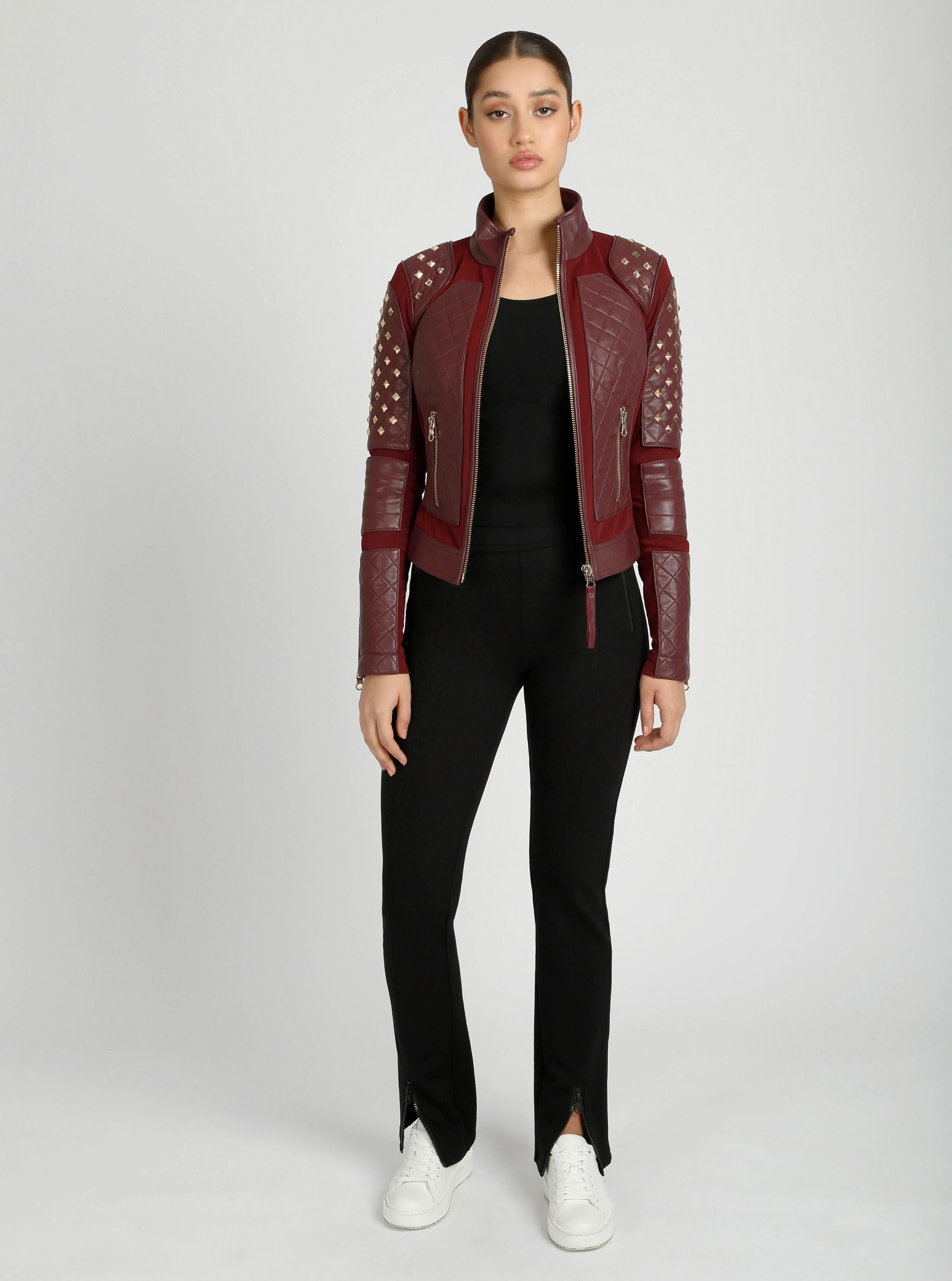 Pyramid Stud Mesh Genuine Leather Moto Jacket - Image 9