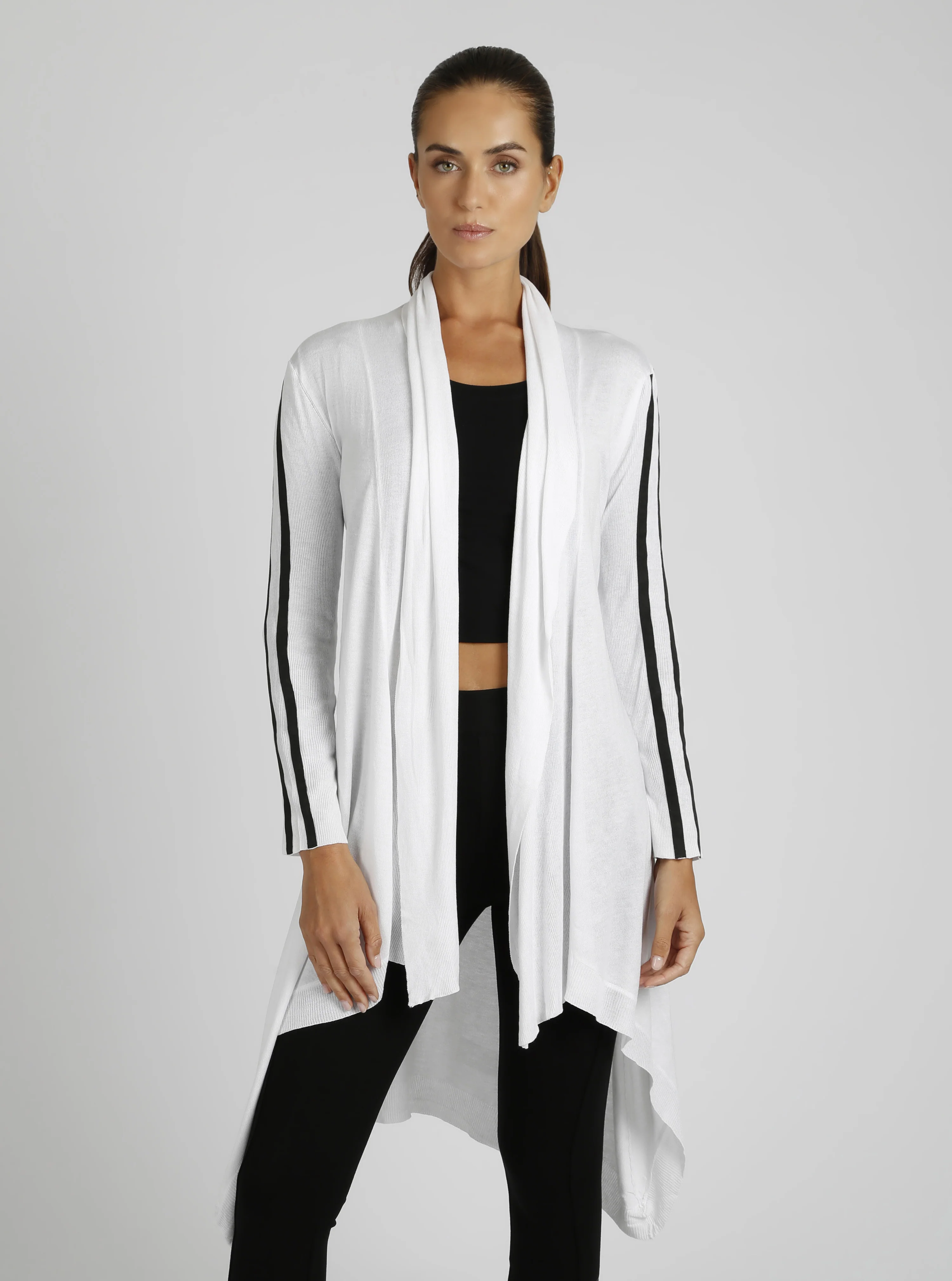 Sporty Drape Front Black/White Wrap Cardigan - Image 3