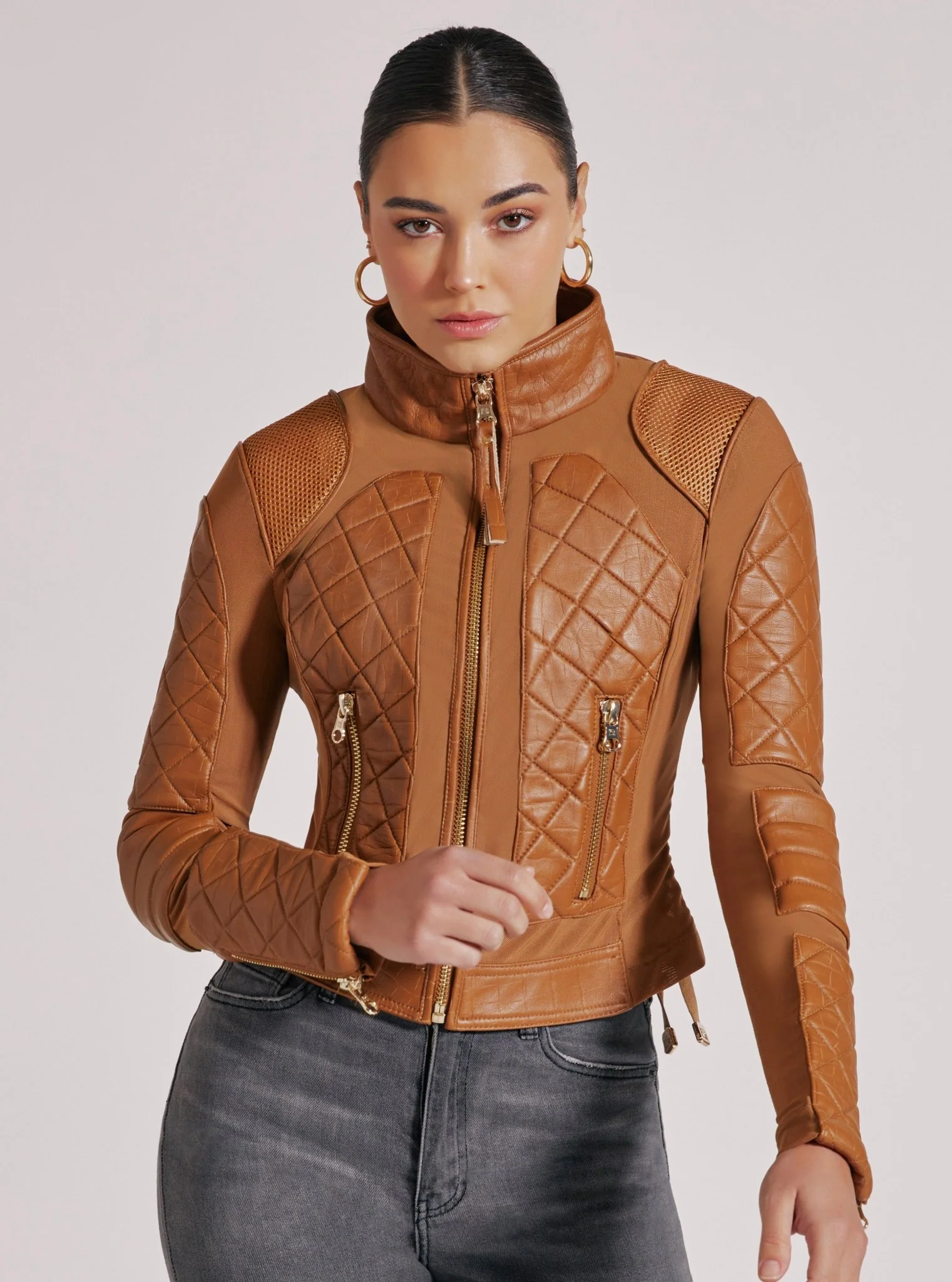 Textured Leather Mesh Moto Jacket - Gold Trims and Brown Croc - Image 3