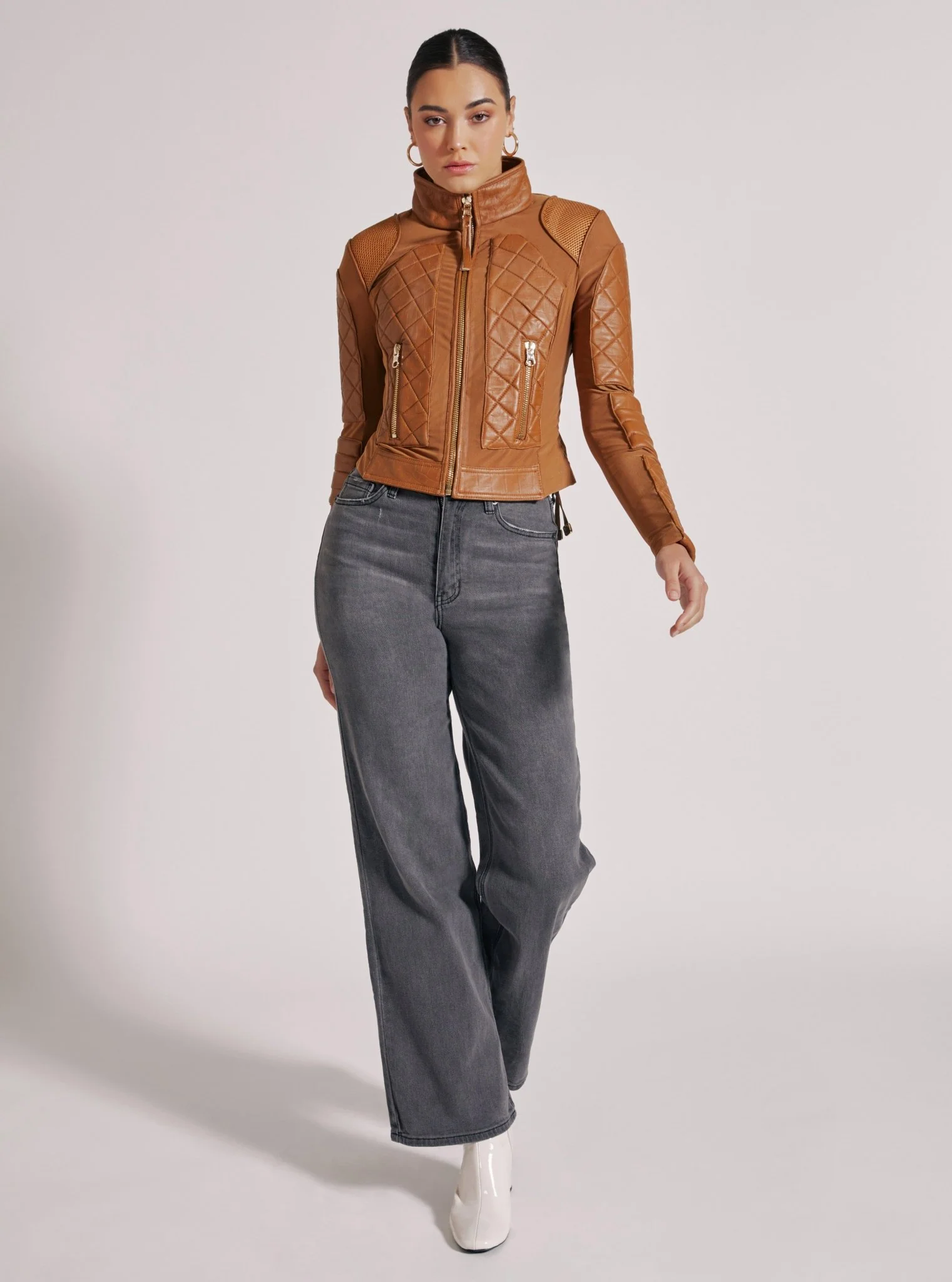 Textured Leather Mesh Moto Jacket - Gold Trims and Brown Croc - Image 4