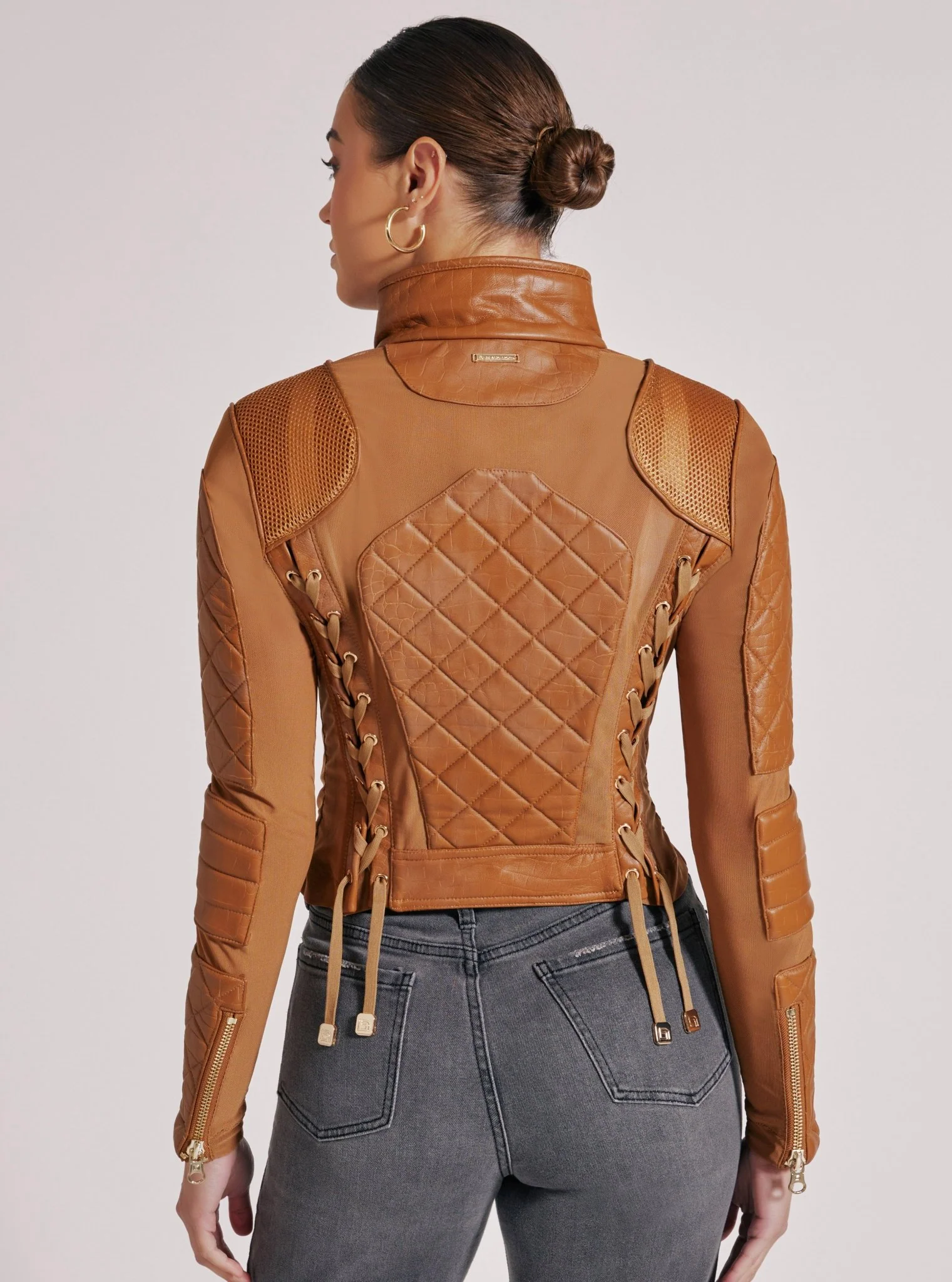 Textured Leather Mesh Moto Jacket - Gold Trims and Brown Croc - Image 5