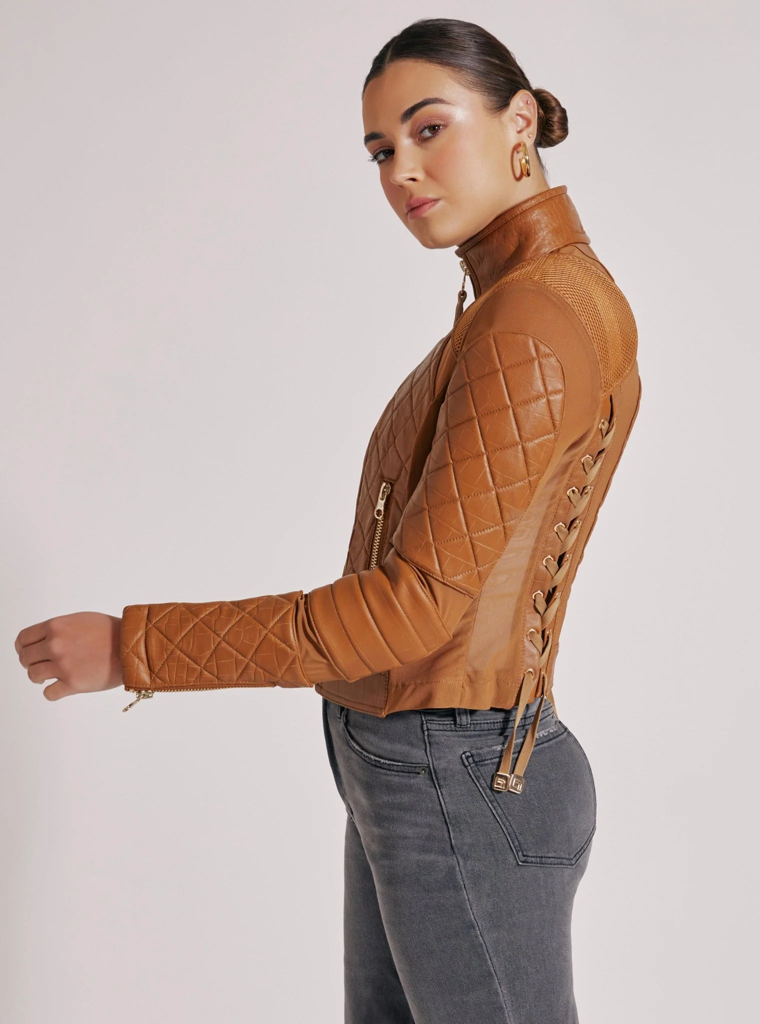 Textured Leather Mesh Moto Jacket - Gold Trims and Brown Croc - Image 6