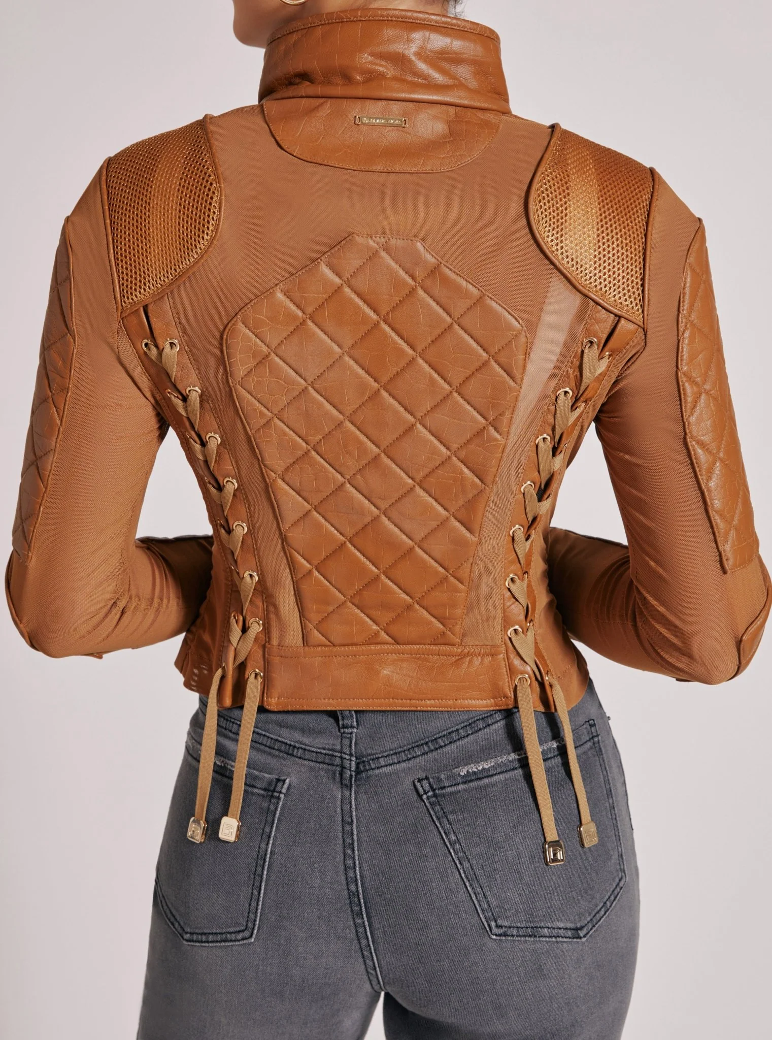 Textured Leather Mesh Moto Jacket - Gold Trims and Brown Croc - Image 7