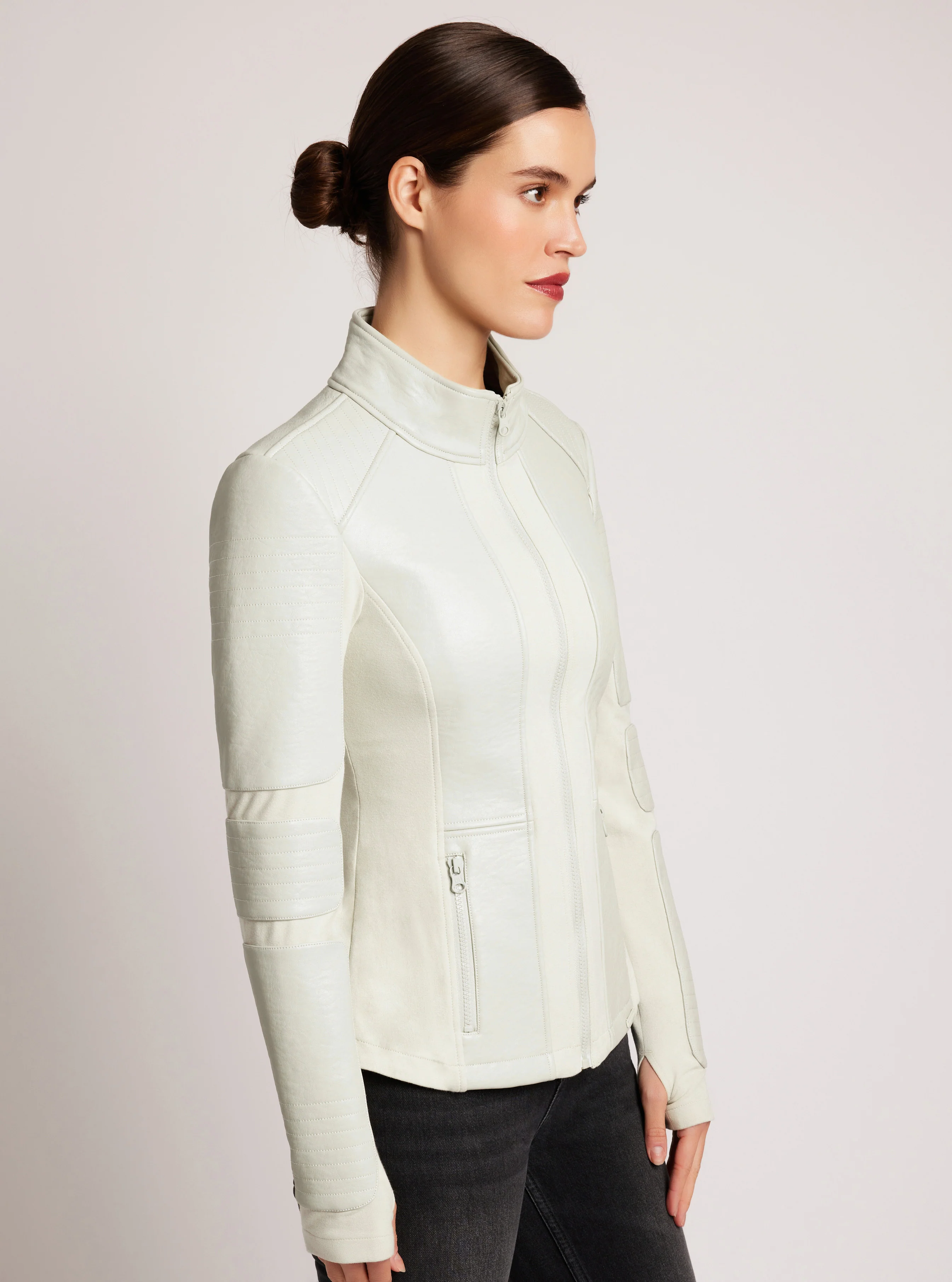 Zip Front Moto Jacket Vegan Leather / Bonded French Terry White Alyssum - Image 3