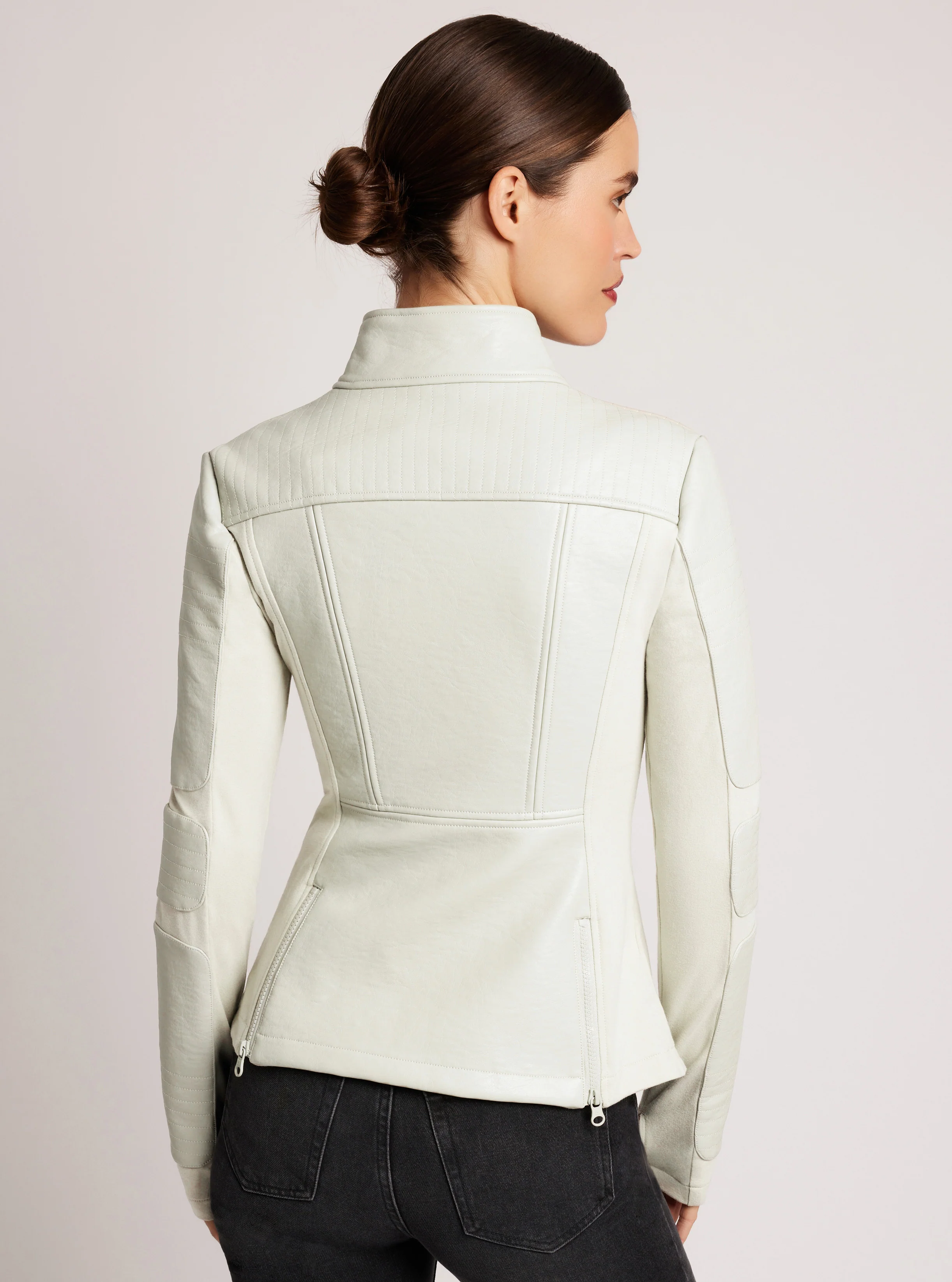 Zip Front Moto Jacket Vegan Leather / Bonded French Terry White Alyssum - Image 4