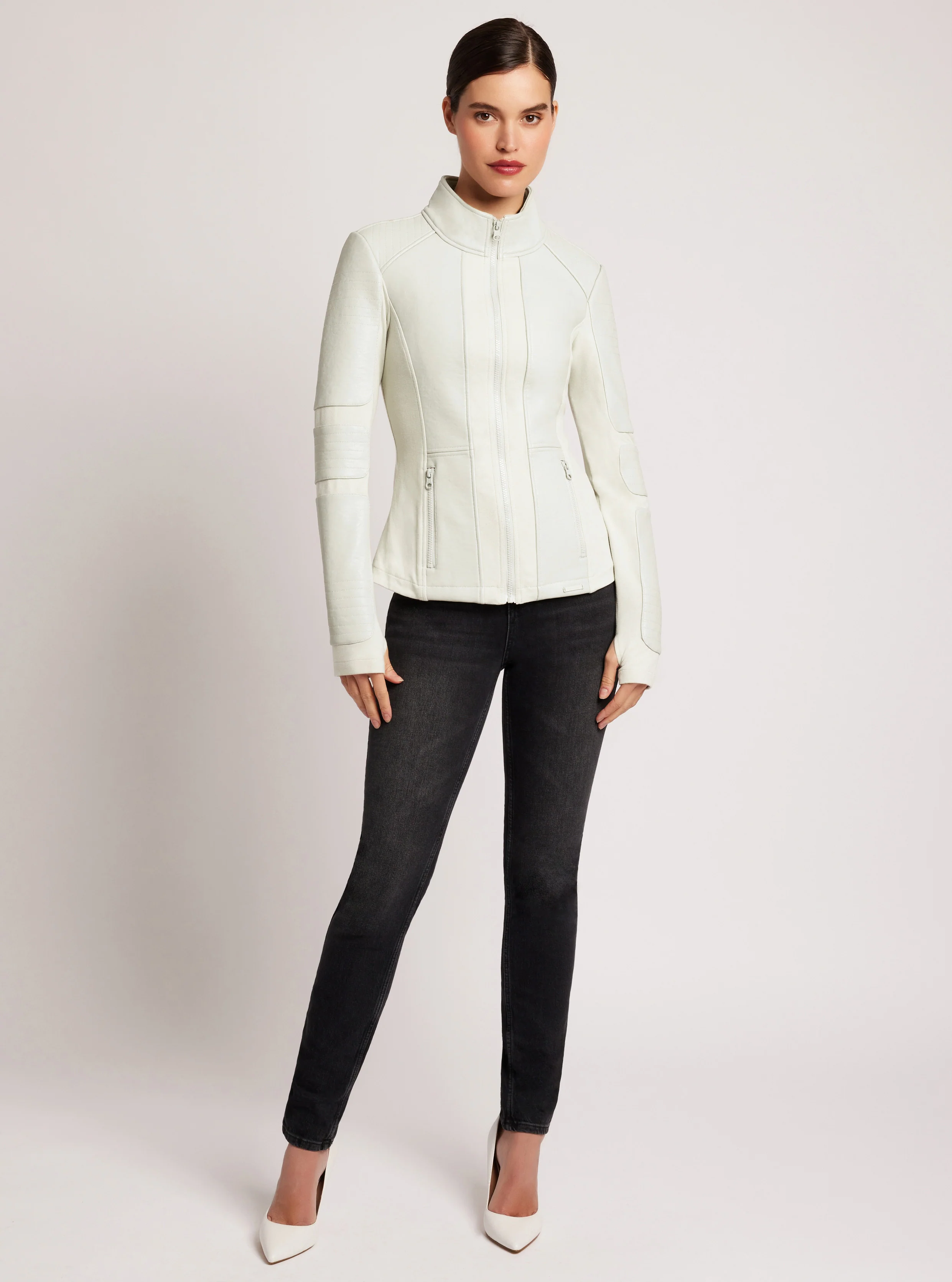 Zip Front Moto Jacket Vegan Leather / Bonded French Terry White Alyssum - Image 5