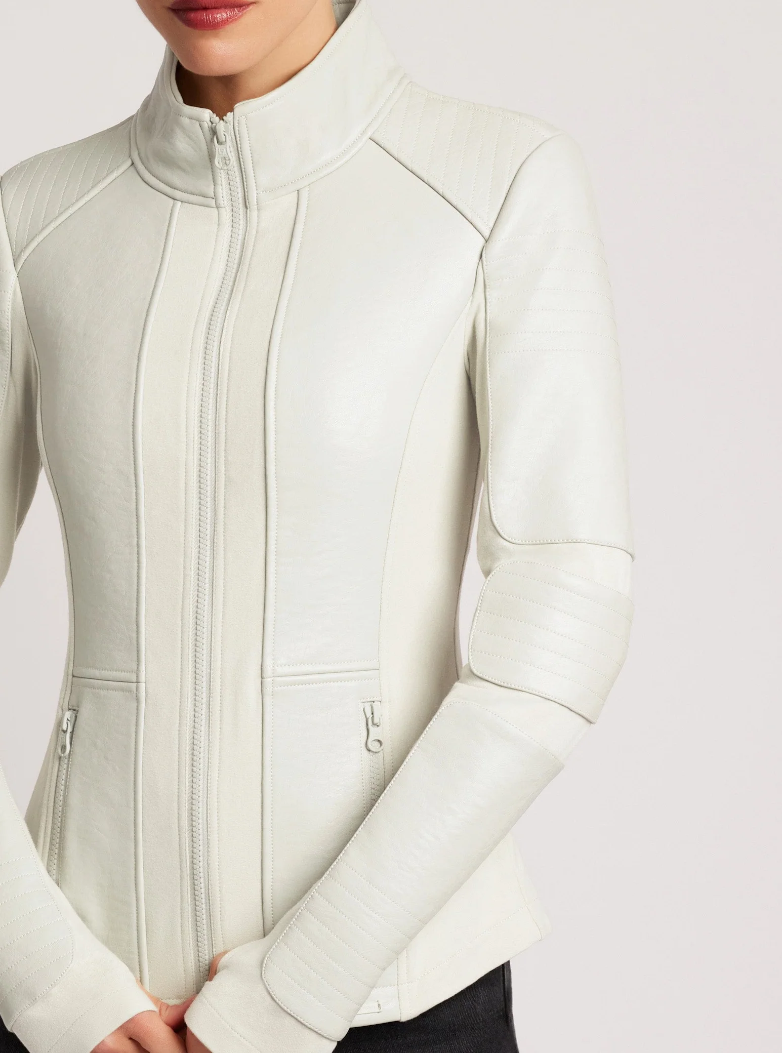 Zip Front Moto Jacket Vegan Leather / Bonded French Terry White Alyssum - Image 6